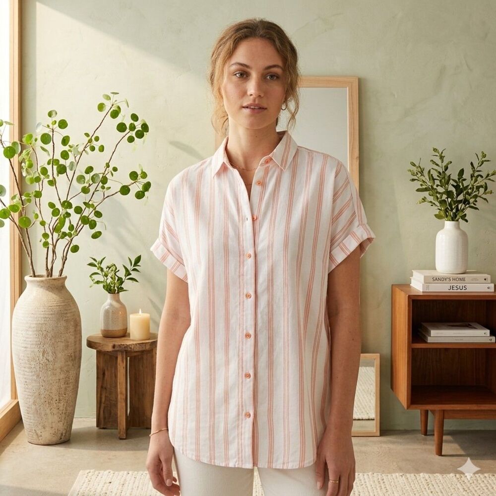 Universal Thread Button Up Shirt Womens XL Orange White Striped Short Sleeve